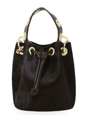 Black Bucket Drawstring Crossbody Bag with Gold Eyelet Detail